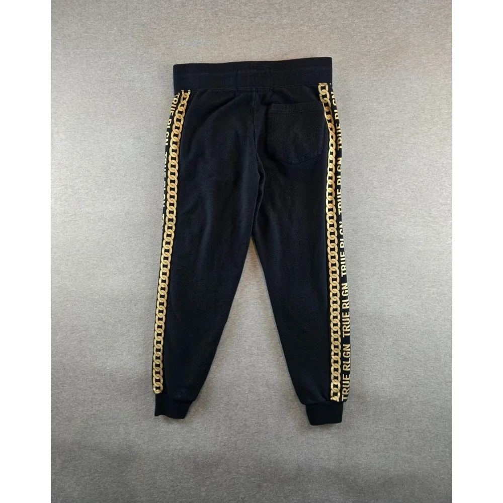 True Religion Joggers Mens Small Black Gold‎ Chain Link Spellout Pants Cotton